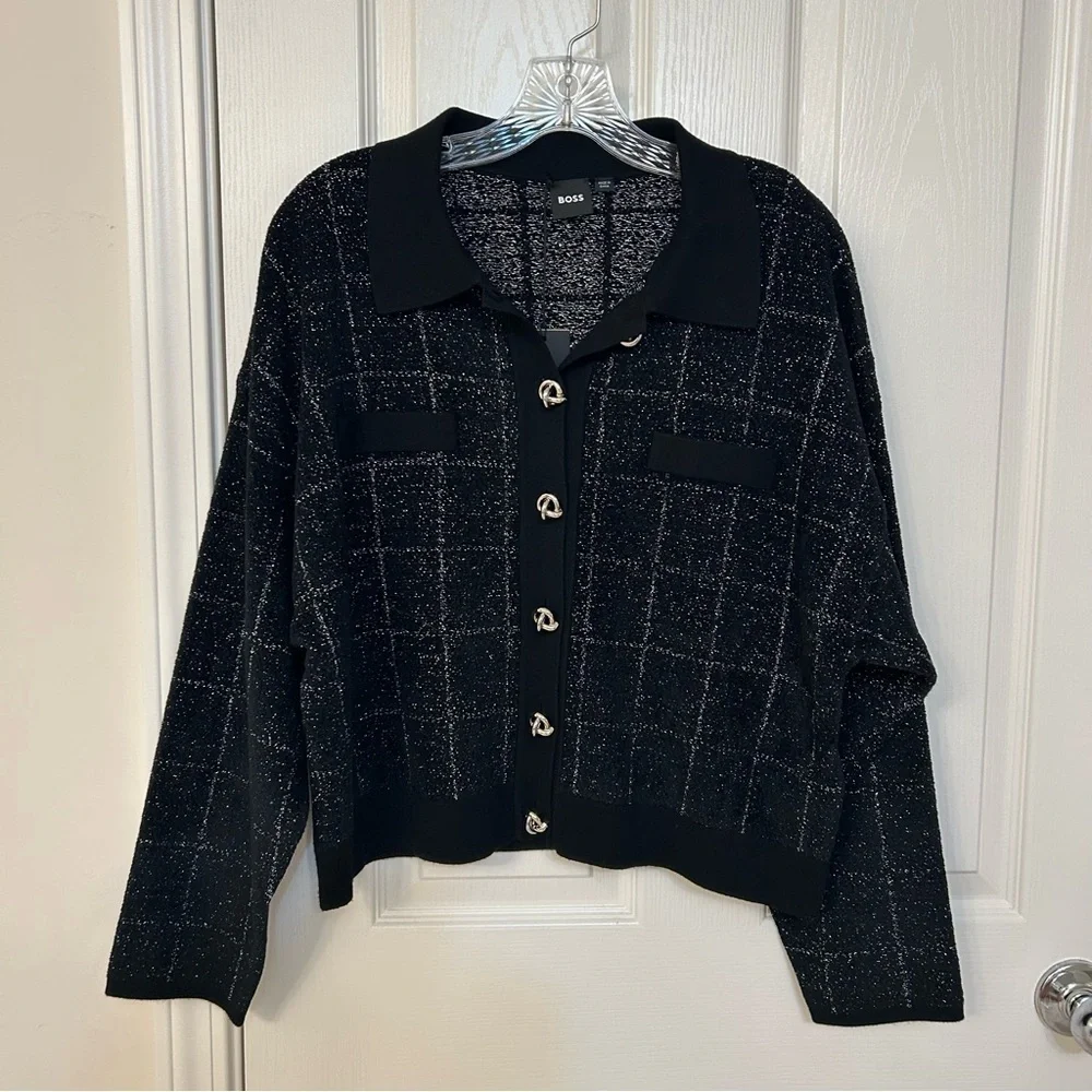 BOSS by Hugo Boss Women’s Sparkle Tweed Cropped Jacket in Black Lurex Plaid Sz L